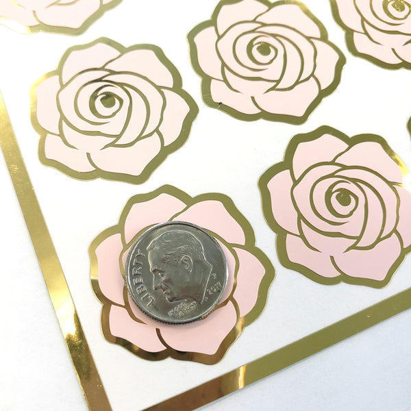 Roses Sticker Sheet, set of 15 blush pink and gold flowers for wedding decor, envelopes, notebooks, journals, laptops and spring crafts.