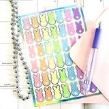 Pastel Rainbow Bunny Stickers, set of 42 Easter Rabbit stickers for spring decor, cards, gift tags and scrapbook pages. Silver outline.