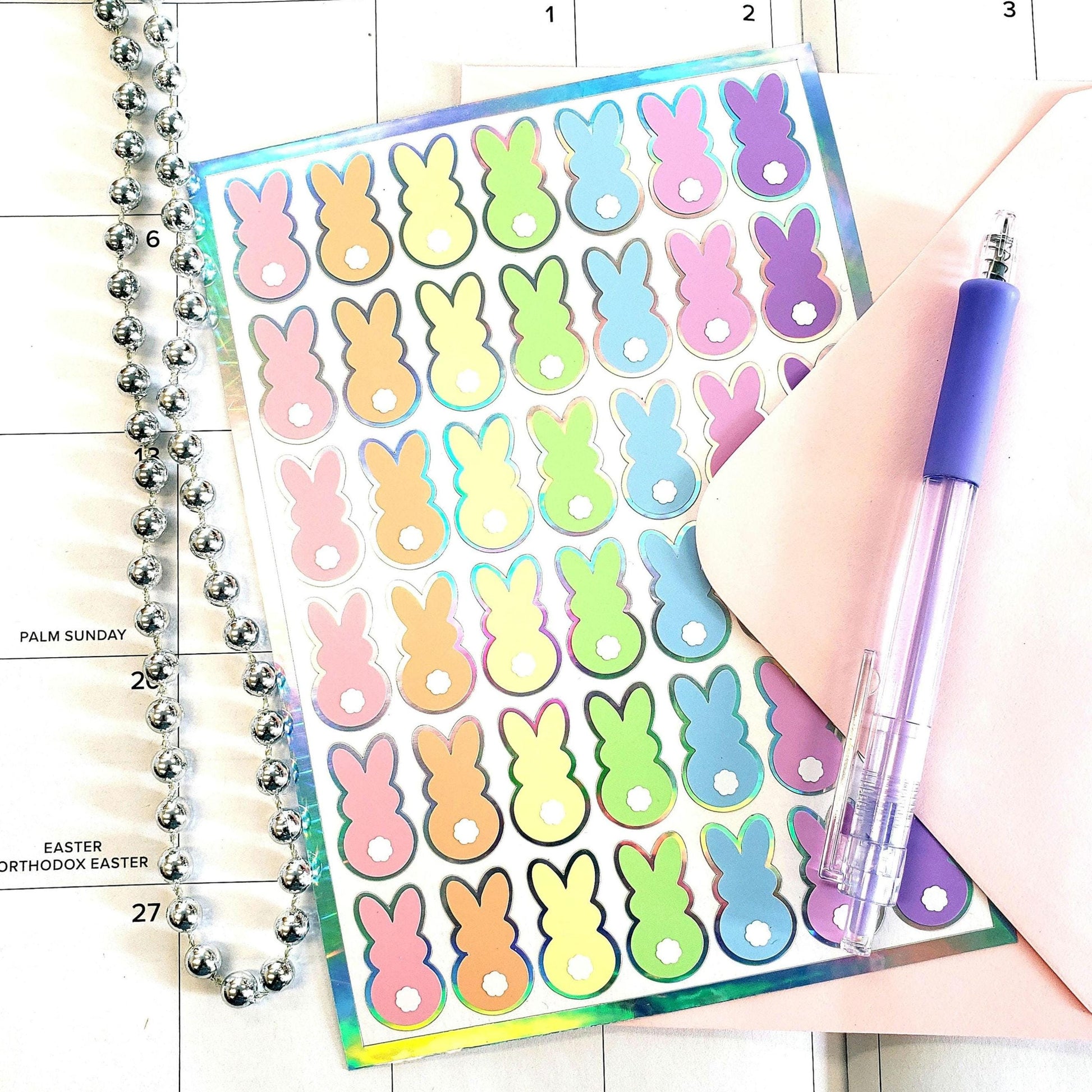 Pastel Rainbow Bunny Stickers, set of 42 Easter Rabbit stickers for spring decor, cards, gift tags and scrapbook pages. Silver outline.