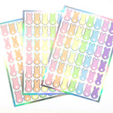 Pastel Rainbow Bunny Stickers, set of 42 Easter Rabbit stickers for spring decor, cards, gift tags and scrapbook pages. Silver outline.