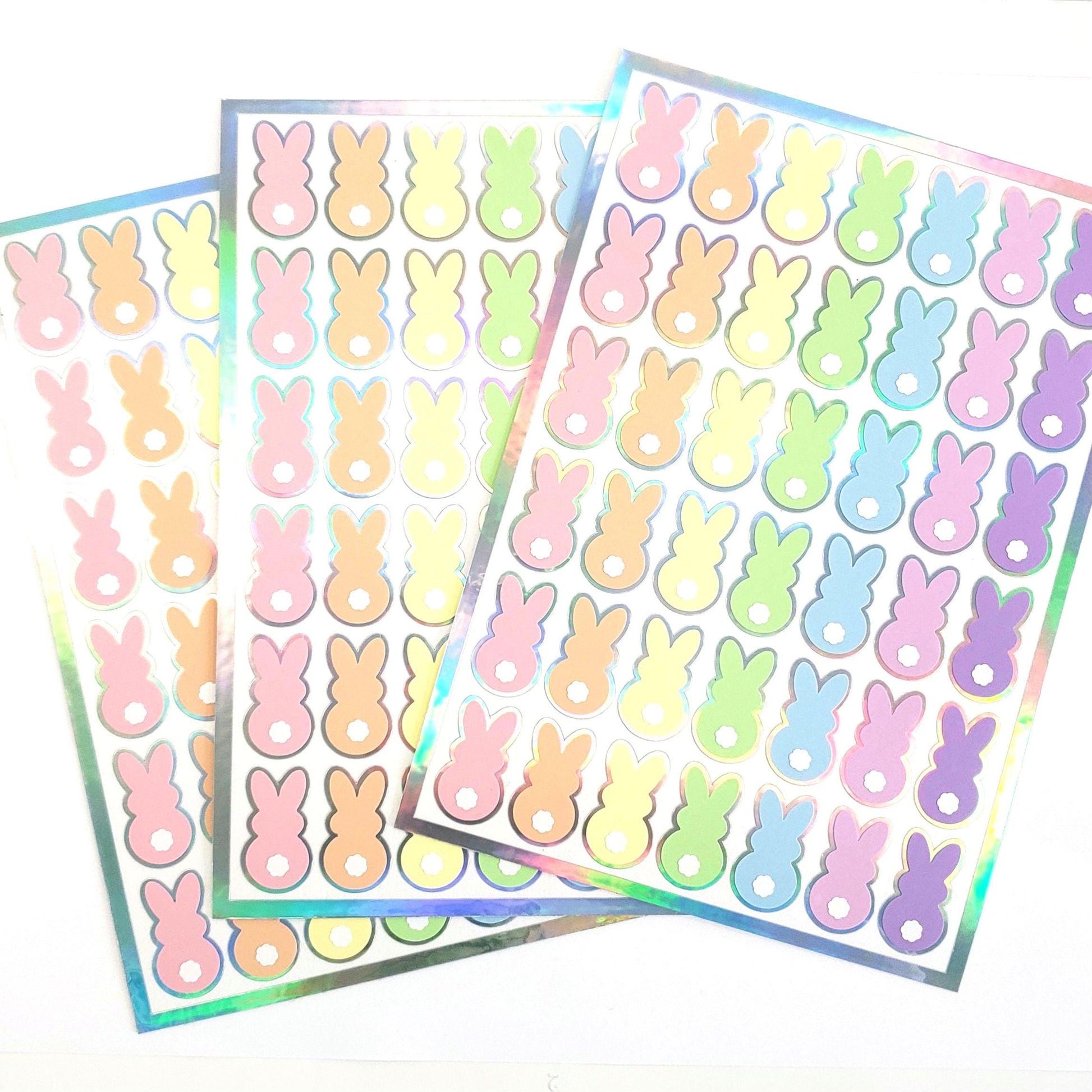 Pastel Rainbow Bunny Stickers, set of 42 Easter Rabbit stickers for spring decor, cards, gift tags and scrapbook pages. Silver outline.