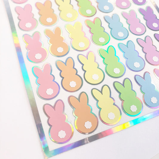 Pastel Rainbow Bunny Stickers, set of 42 Easter Rabbit stickers for spring decor, cards, gift tags and scrapbook pages. Silver outline.
