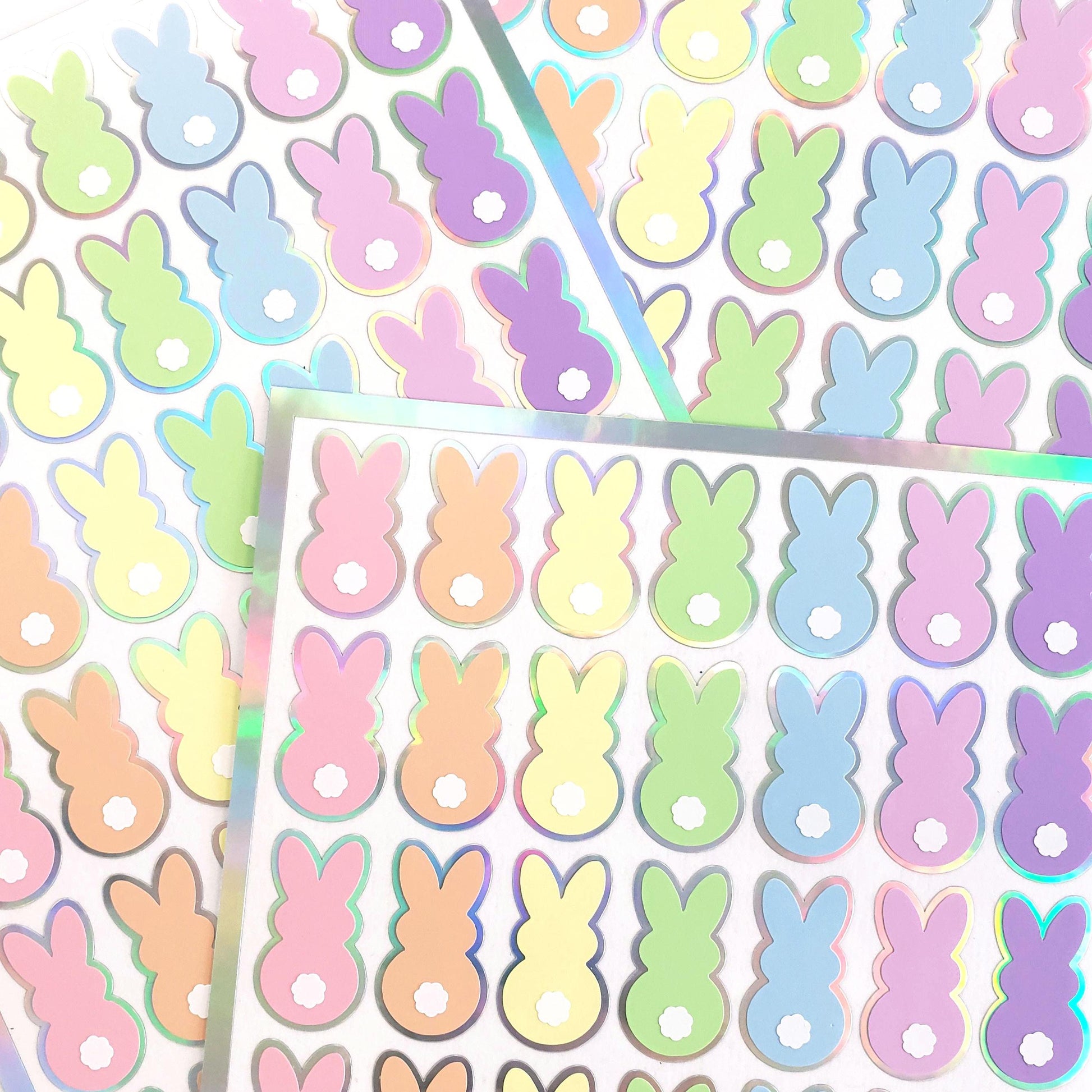 Pastel Rainbow Bunny Stickers, set of 42 Easter Rabbit stickers for spring decor, cards, gift tags and scrapbook pages. Silver outline.