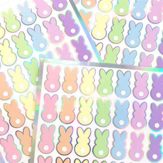 Pastel Rainbow Bunny Stickers, set of 42 Easter Rabbit stickers for spring decor, cards, gift tags and scrapbook pages. Silver outline.