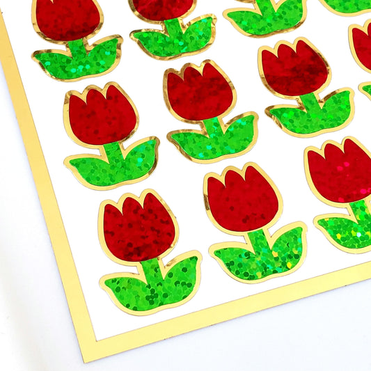 Red Tulip Stickers, set of 30 small sparkly spring flower decor for scrapbook pages, Easter cards, envelopes and journal embellishments.