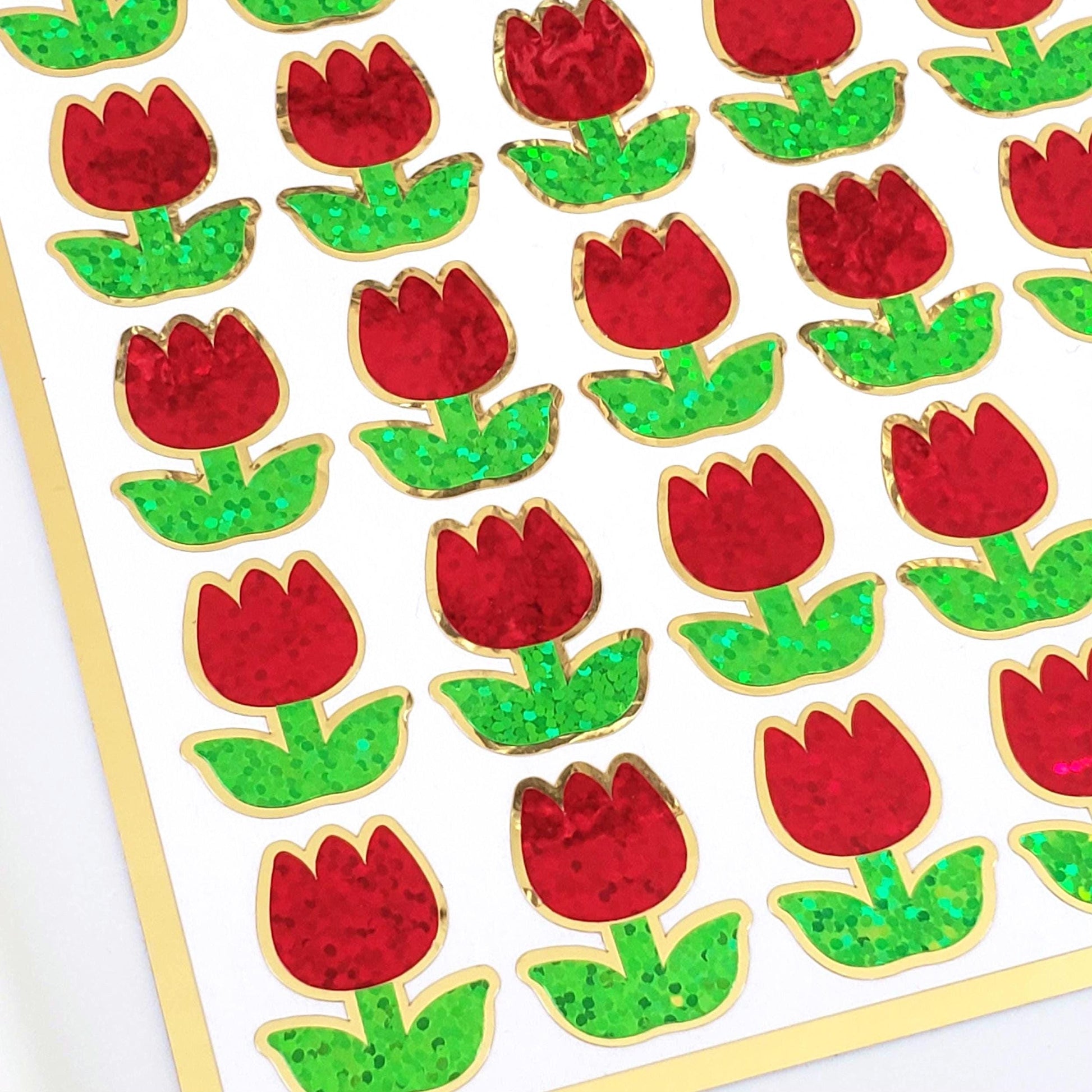 Red Tulip Stickers, set of 30 small sparkly spring flower decor for scrapbook pages, Easter cards, envelopes and journal embellishments.