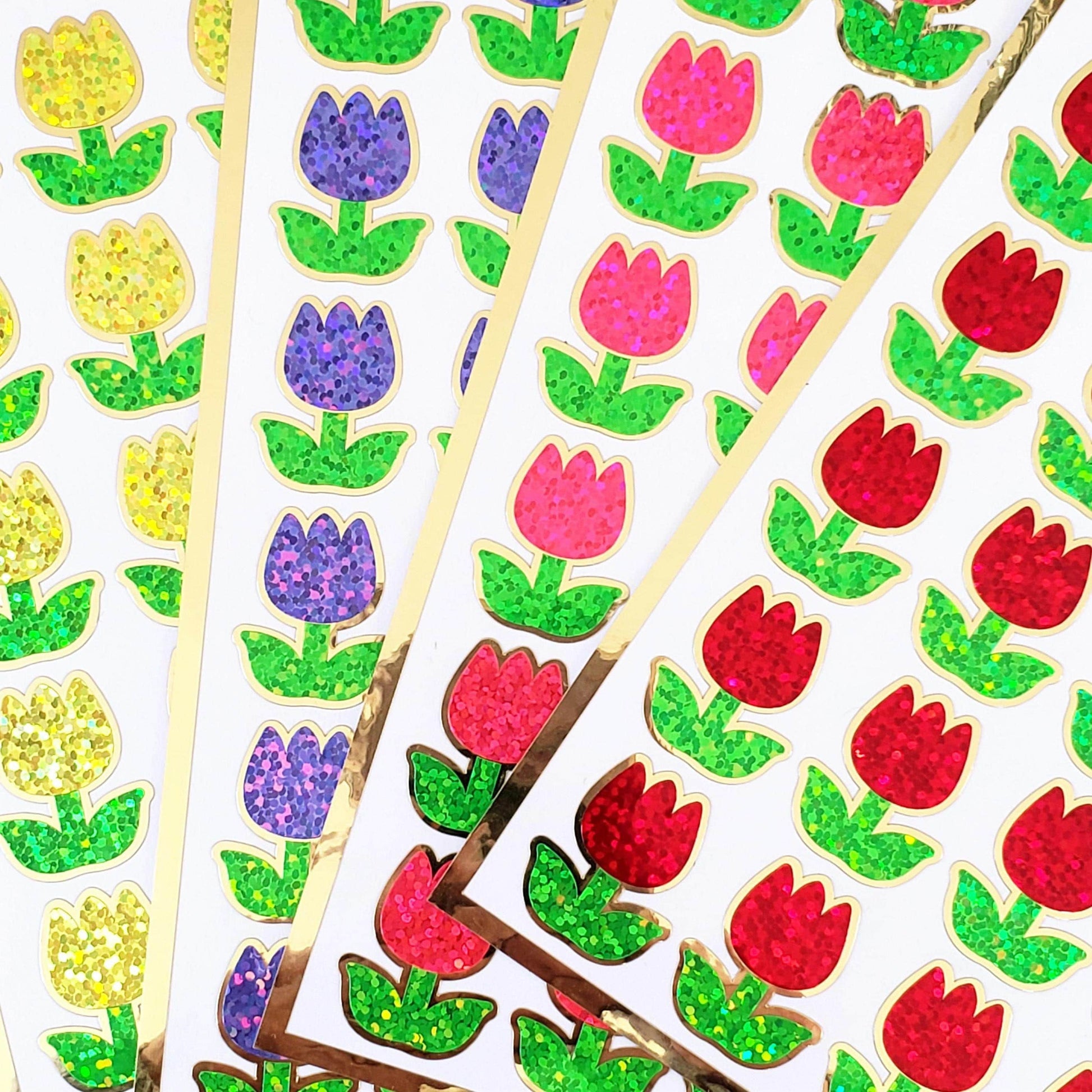 Hot Pink Tulip Stickers, set of 30 small sparkly spring flowers for scrapbook pages, Easter cards, envelopes and journal embellishments.