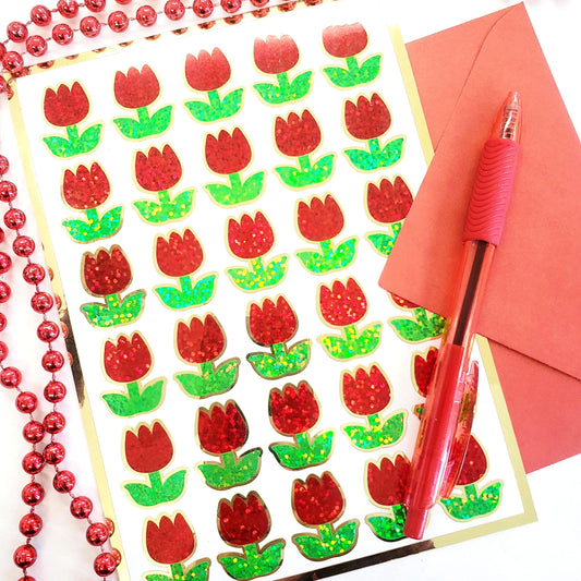 Red Tulip Stickers, set of 30 small sparkly spring flower decor for scrapbook pages, Easter cards, envelopes and journal embellishments.