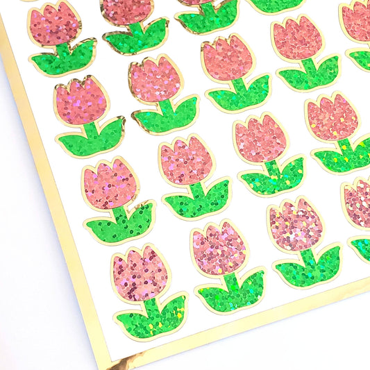 Light Pink Tulip Stickers, set of 30 small sparkly spring flowers for scrapbook pages, Easter cards, envelopes and journal embellishments.
