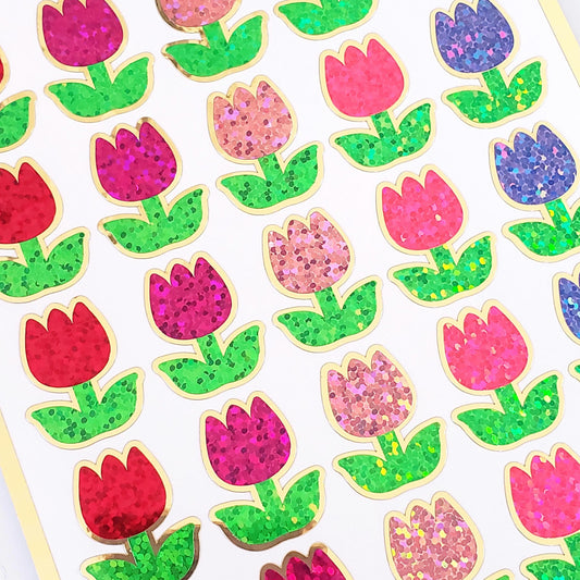 Tulip Stickers, set of 30 small sparkly spring flowers for scrapbook pages, Easter cards, envelopes and journal embellishments.