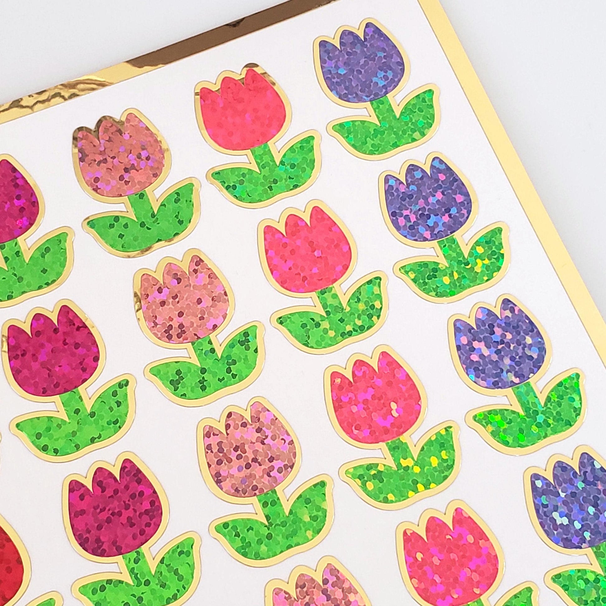 Tulip Stickers, set of 30 small sparkly spring flowers for scrapbook pages, Easter cards, envelopes and journal embellishments.