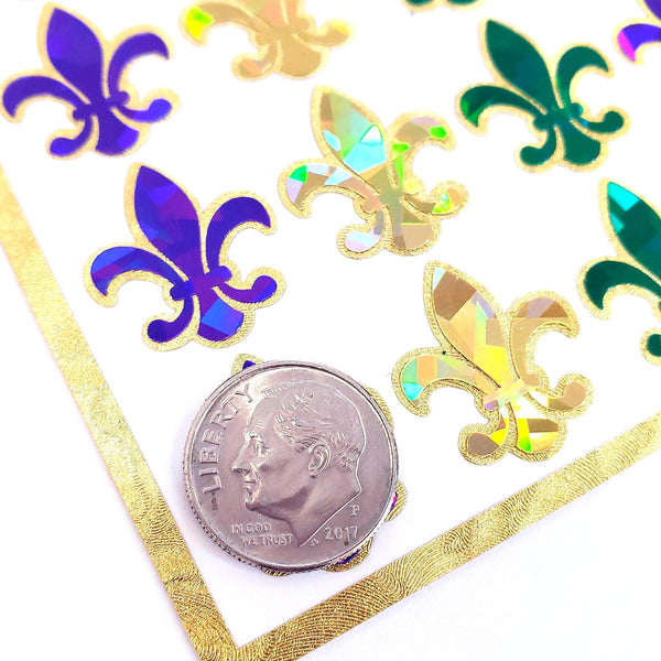Mardi Gras Stickers, set of 48 purple green and gold French Fleur de Lis sparkly stickers, Louisiana flower symbol, Fat Tuesday stickers.