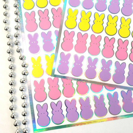 Bunny Stickers, set of 42 rabbit stickers for Easter basket gift, cute pink, purple and yellow marshmallow candy shaped bunny decals. Silver