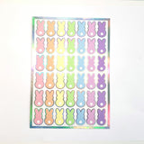 Pastel Rainbow Bunny Stickers, set of 42 Easter Rabbit stickers for spring decor, cards, gift tags and scrapbook pages. Silver outline.