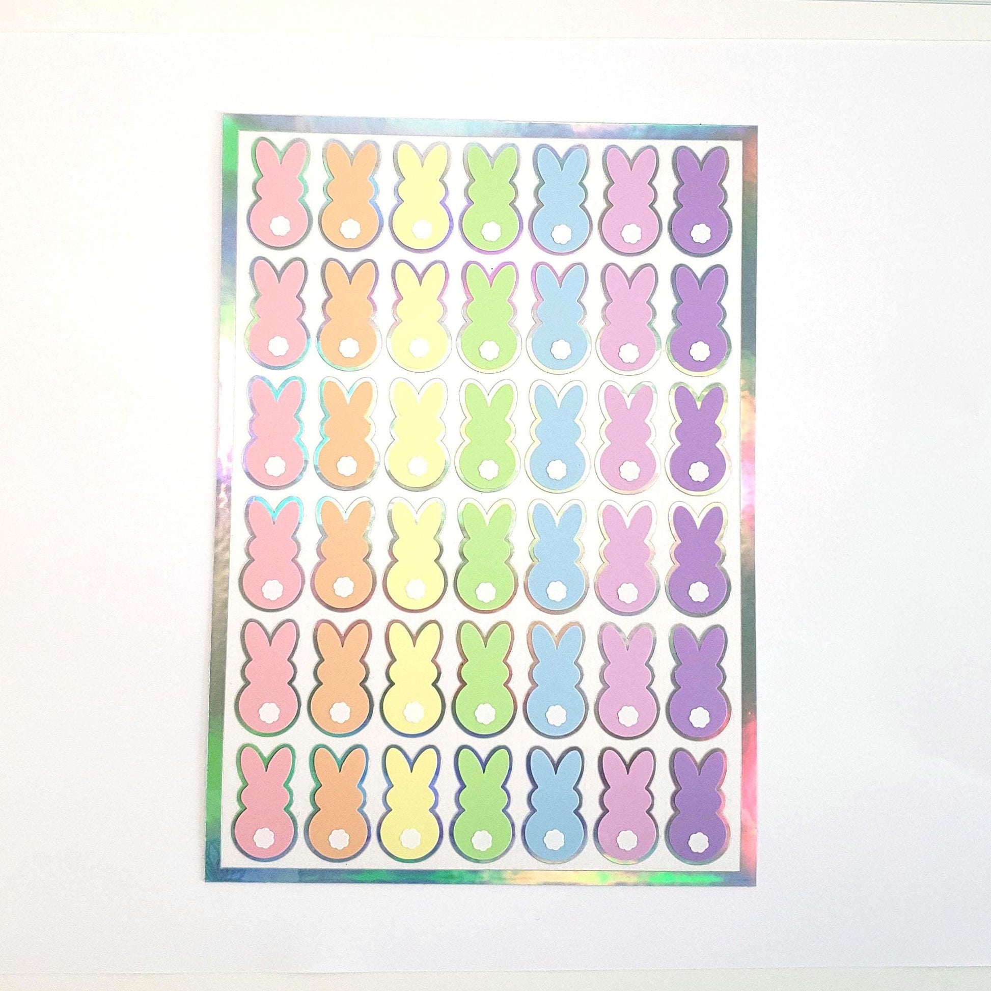 Pastel Rainbow Bunny Stickers, set of 42 Easter Rabbit stickers for spring decor, cards, gift tags and scrapbook pages. Silver outline.