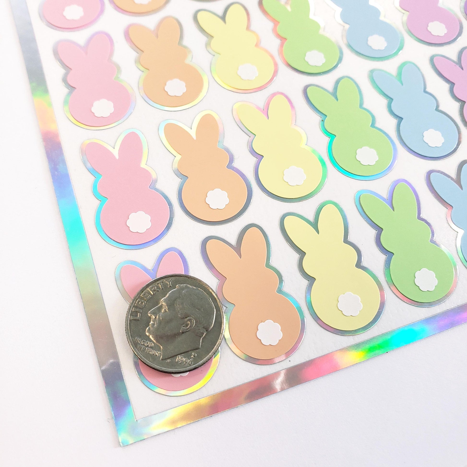 Pastel Rainbow Bunny Stickers, set of 42 Easter Rabbit stickers for spring decor, cards, gift tags and scrapbook pages. Silver outline.