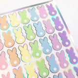 Pastel Rainbow Bunny Stickers, set of 42 Easter Rabbit stickers for spring decor, cards, gift tags and scrapbook pages. Silver outline.