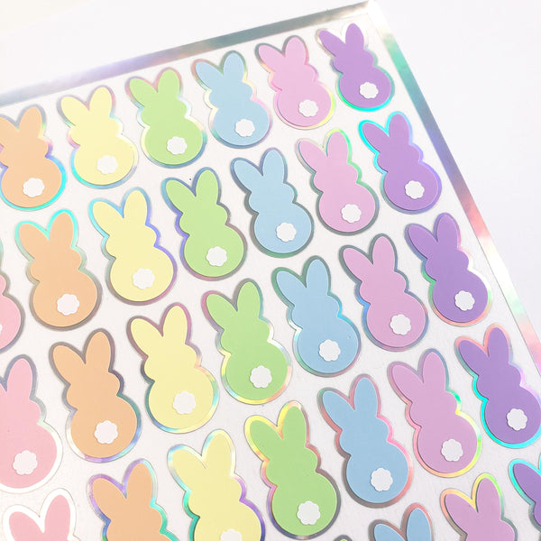 Pastel Rainbow Bunny Stickers, set of 42 Easter Rabbit stickers for spring decor, cards, gift tags and scrapbook pages. Silver outline.