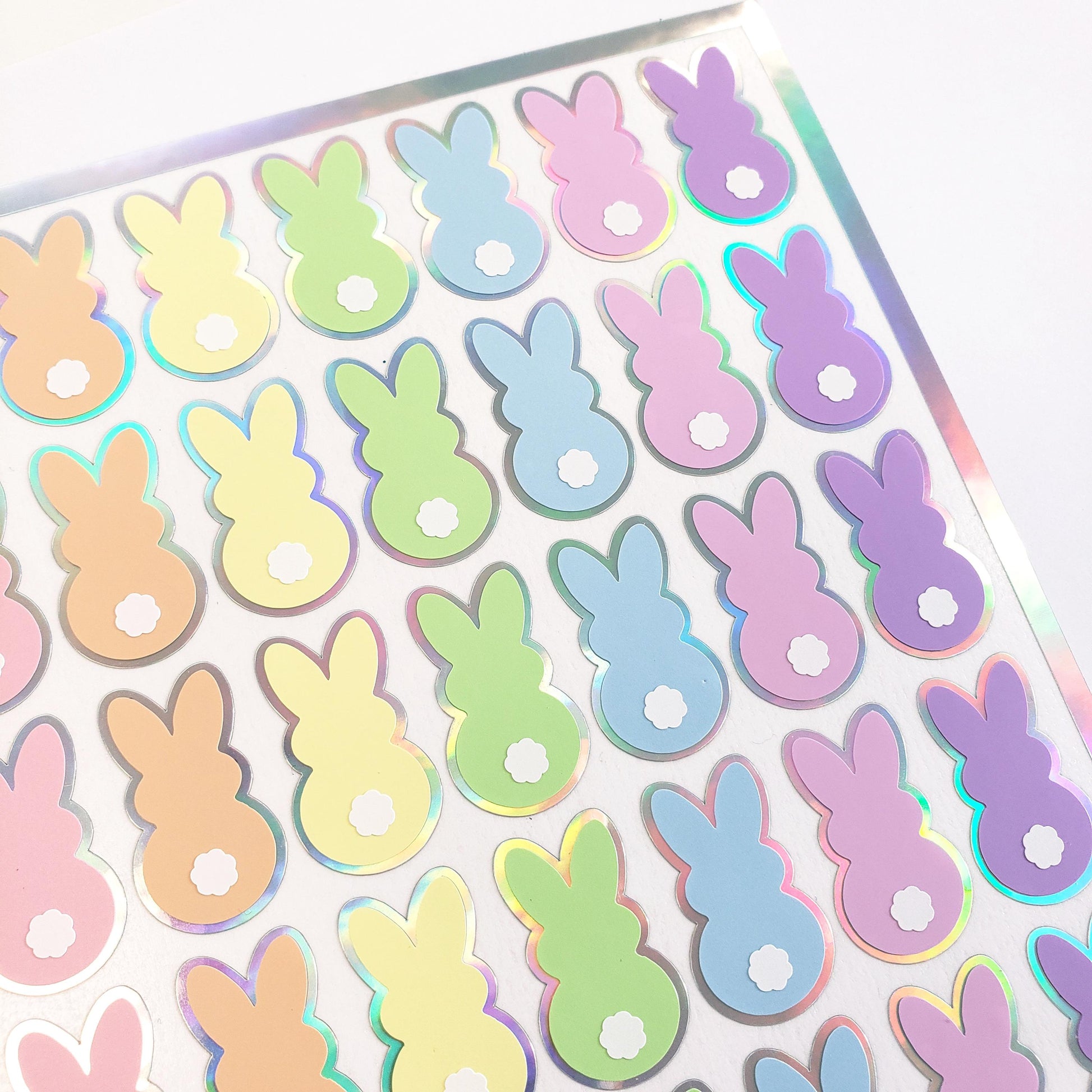 Pastel Rainbow Bunny Stickers, set of 42 Easter Rabbit stickers for spring decor, cards, gift tags and scrapbook pages. Silver outline.