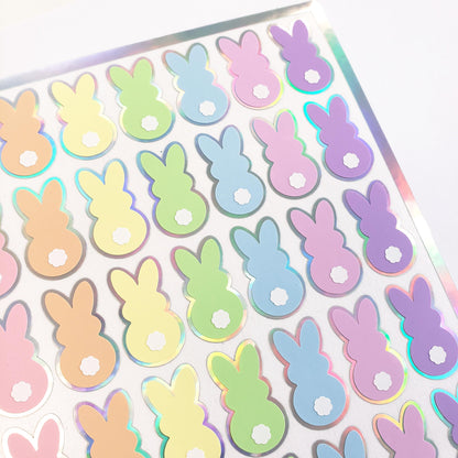 Pastel Rainbow Bunny Stickers, set of 42 Easter Rabbit stickers for spring decor, cards, gift tags and scrapbook pages. Silver outline.