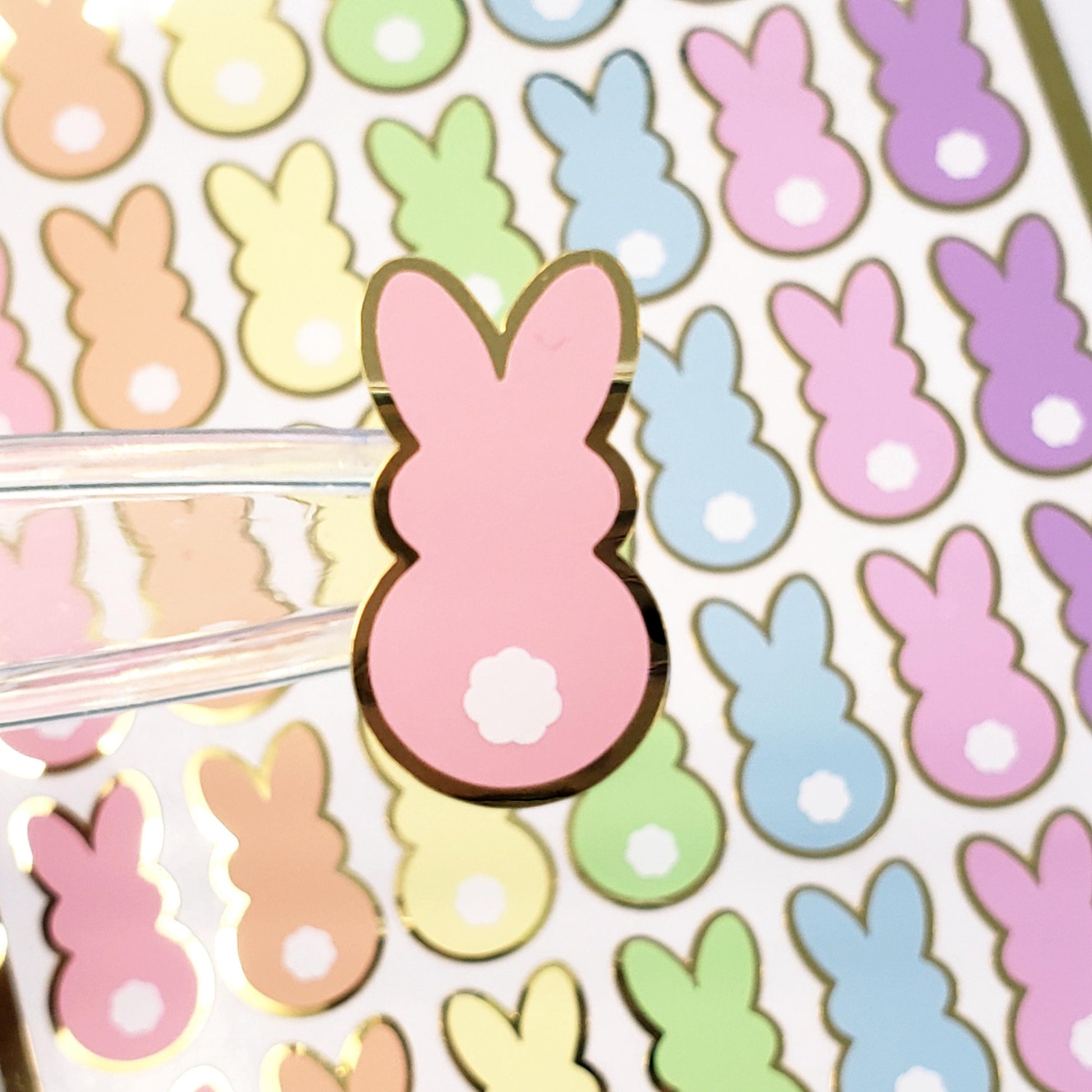 Pastel Rainbow Bunny Stickers, set of 42 Easter Rabbit stickers for spring decor, cards, gift tags and scrapbook pages. Gold outline.