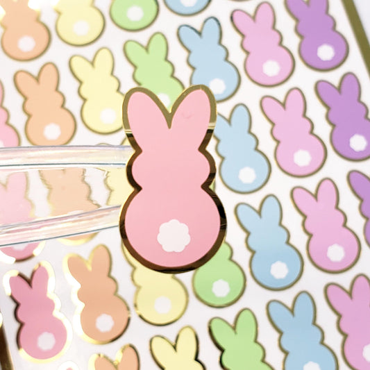 Pastel Rainbow Bunny Stickers, set of 42 Easter Rabbit stickers for spring decor, cards, gift tags and scrapbook pages. Gold outline.