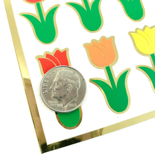 Tulip Stickers, set of 30 spring flower decals for garden journals, scrapbook pages and notecards. Bright multi color tulip stickers.