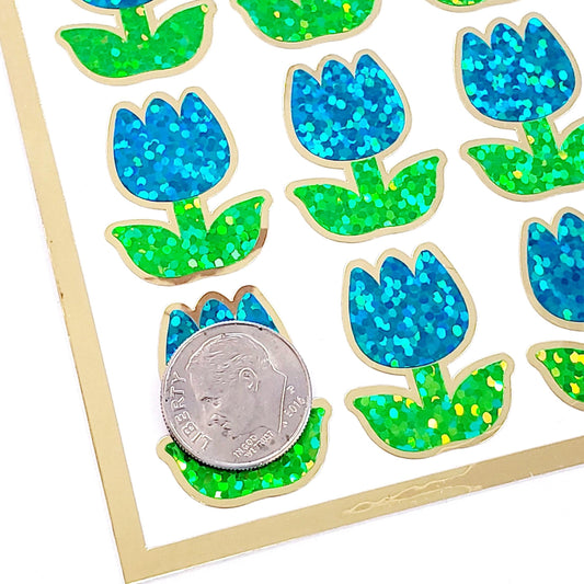Turquoise Tulip Stickers, set of 30 small sparkly spring flower decor for scrapbook pages, cards, envelopes and journal embellishments.