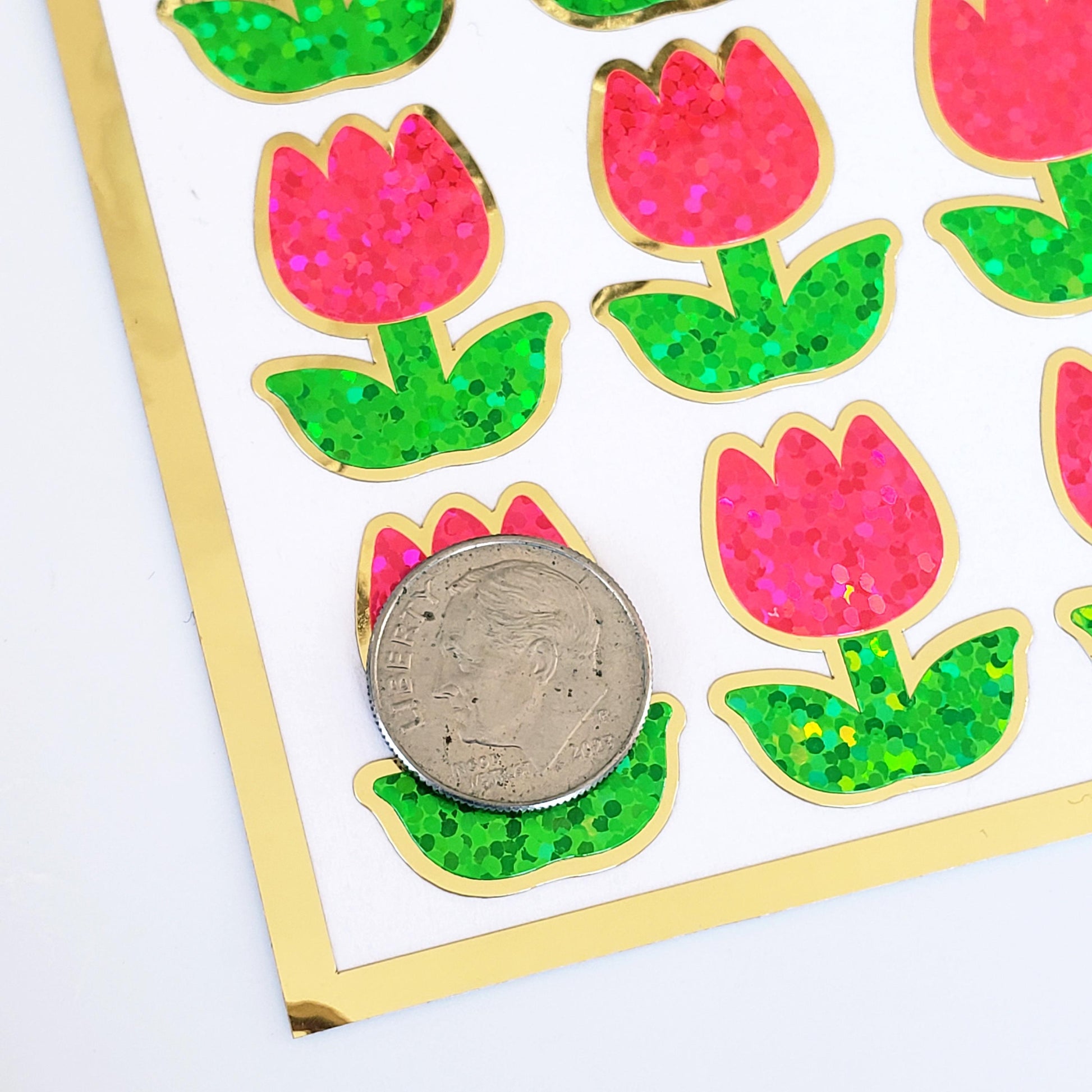 Pink Tulip Stickers, set of 30 small sparkly spring flower decor for scrapbook pages, Easter cards, envelopes and journal embellishments.