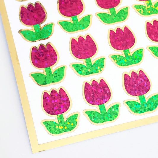 Hot Pink Tulip Stickers, set of 30 small sparkly spring flowers for scrapbook pages, Easter cards, envelopes and journal embellishments.