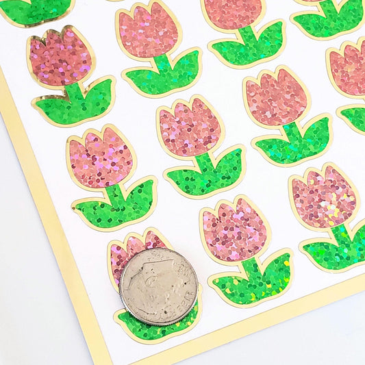 Light Pink Tulip Stickers, set of 30 small sparkly spring flowers for scrapbook pages, Easter cards, envelopes and journal embellishments.