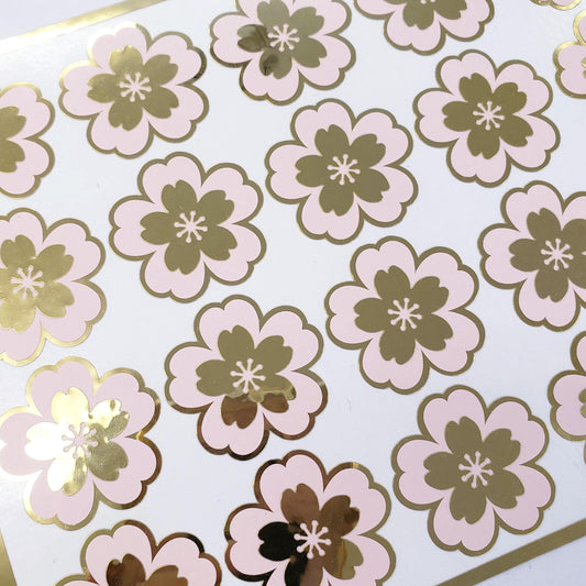 Pink and Gold Cherry Blossom Stickers, set of 20 Sakura Flower Decals for Crafts, Wedding Envelope Seals, Scrapbooks and Journals.
