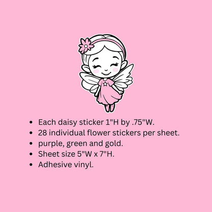 Purple Daisy Stickers, set of 28 small spring pastel flower decals for scrapbook pages, cards, envelopes and journal embellishments.