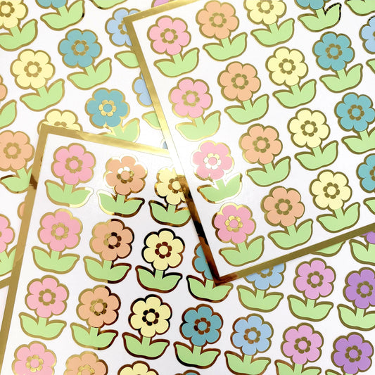 Daisy Stickers, set of 28 small multi color kawaii style flower decals for scrapbook pages, cards, envelopes and journal embellishments.