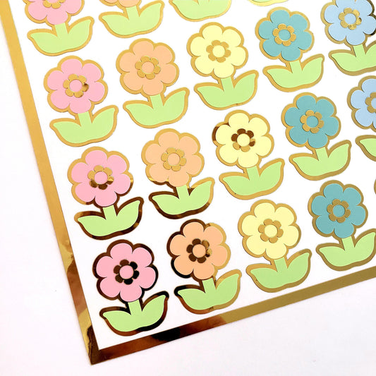 Daisy Stickers, set of 28 small multi color kawaii style flower decals for scrapbook pages, cards, envelopes and journal embellishments.