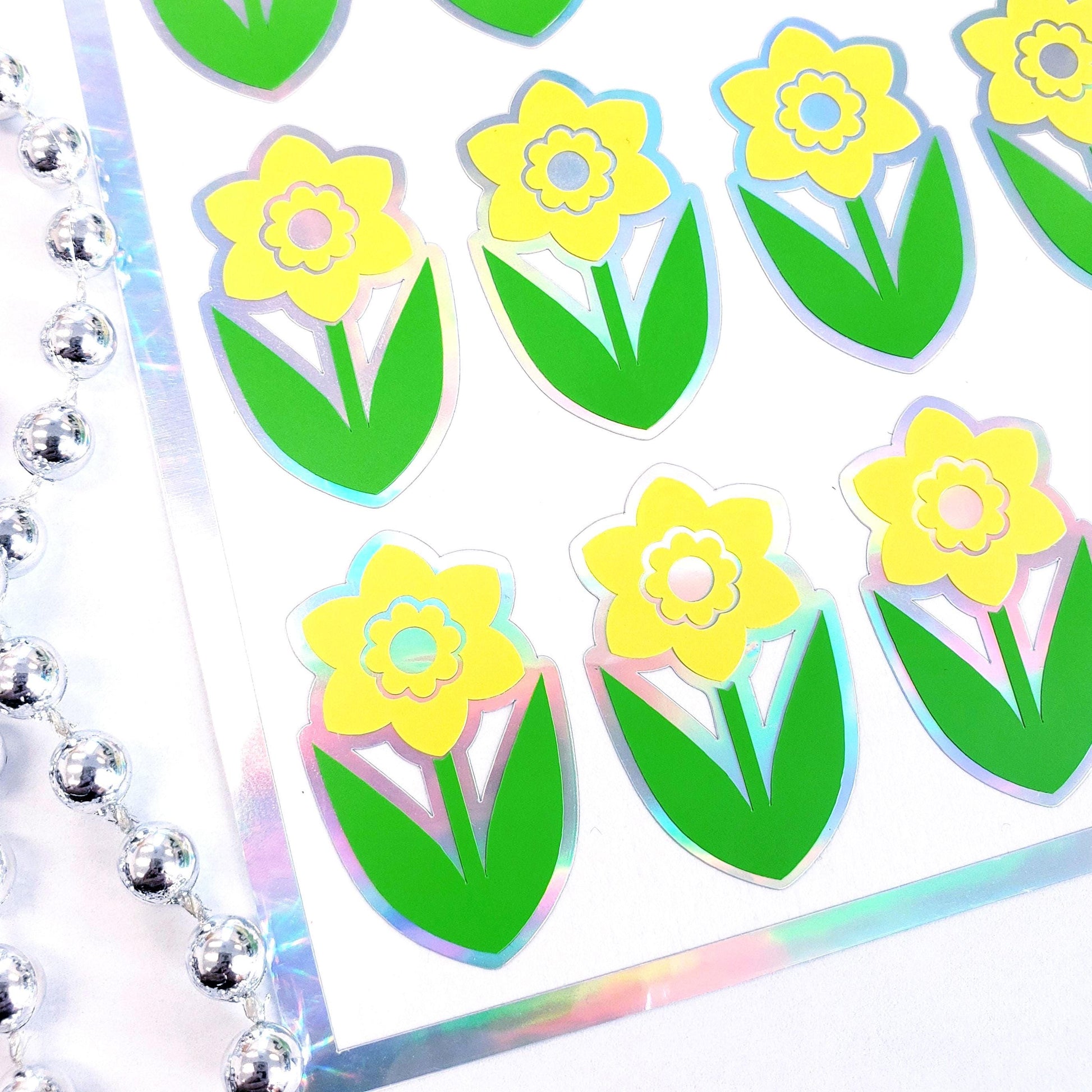 Yellow Daffodil Flower Stickers, set of 20 Spring Blooms for notecards, garden journals and plant stake label, gift for Mom. Silver outline.