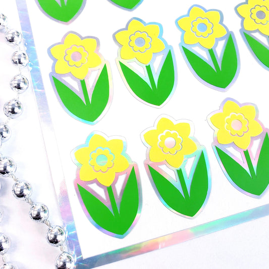 Yellow Daffodil Flower Stickers, set of 20 Spring Blooms for notecards, garden journals and plant stake label, gift for Mom. Silver outline.