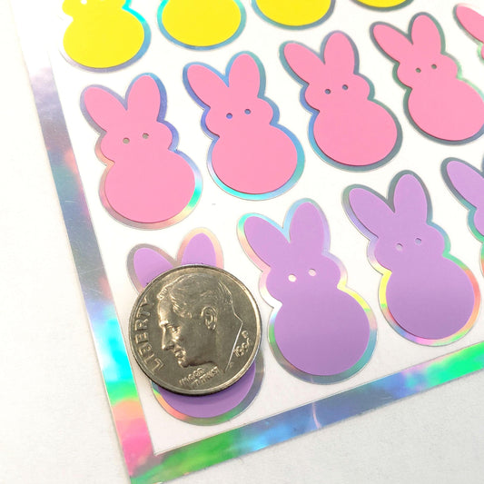 Bunny Stickers, set of 42 rabbit stickers for Easter basket gift, cute pink, purple and yellow marshmallow candy shaped bunny decals. Silver