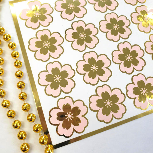 Pink and Gold Cherry Blossom Stickers, set of 20 Sakura Flower Decals for Crafts, Wedding Envelope Seals, Scrapbooks and Journals.