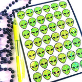 Alien Head Stickers, sheet of 42 vinyl decals
