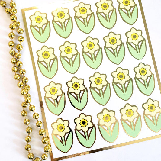 Yellow Daffodil Flower Stickers, set of 20 Spring Blooms for Easter Cards, garden journals and plant stake label, gift for Mom. Gold outline
