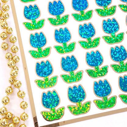 Turquoise Tulip Stickers, set of 30 small sparkly spring flower decor for scrapbook pages, cards, envelopes and journal embellishments.