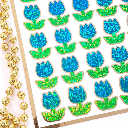 Turquoise Tulip Stickers, set of 30 small sparkly spring flower decor for scrapbook pages, cards, envelopes and journal embellishments.