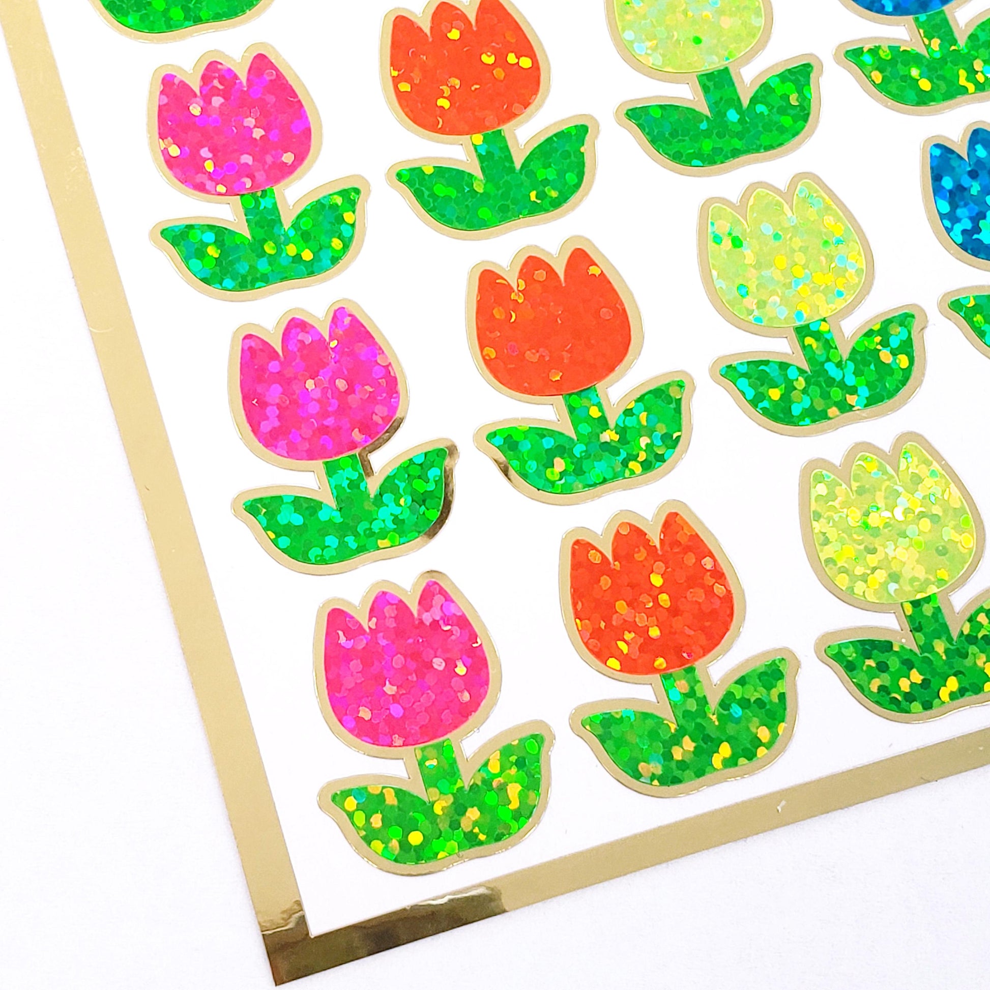 Tulip Stickers, set of 30 small sparkly multicolor spring flowers for scrapbook pages, Easter cards, envelopes and journal embellishments.