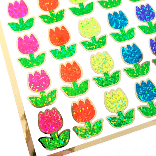 Tulip Stickers, set of 30 small sparkly multicolor spring flowers for scrapbook pages, Easter cards, envelopes and journal embellishments.