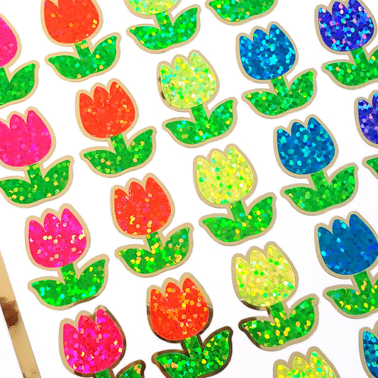 Tulip Stickers, set of 30 small sparkly multicolor spring flowers for scrapbook pages, Easter cards, envelopes and journal embellishments.