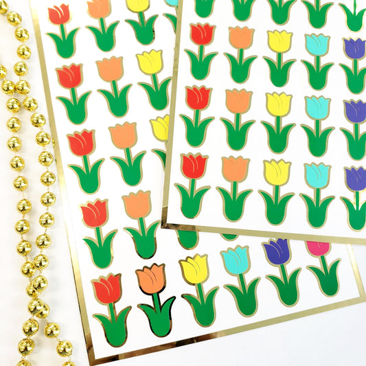 Tulip Stickers, set of 30 spring flower decals for garden journals, scrapbook pages and notecards. Bright multi color tulip stickers.