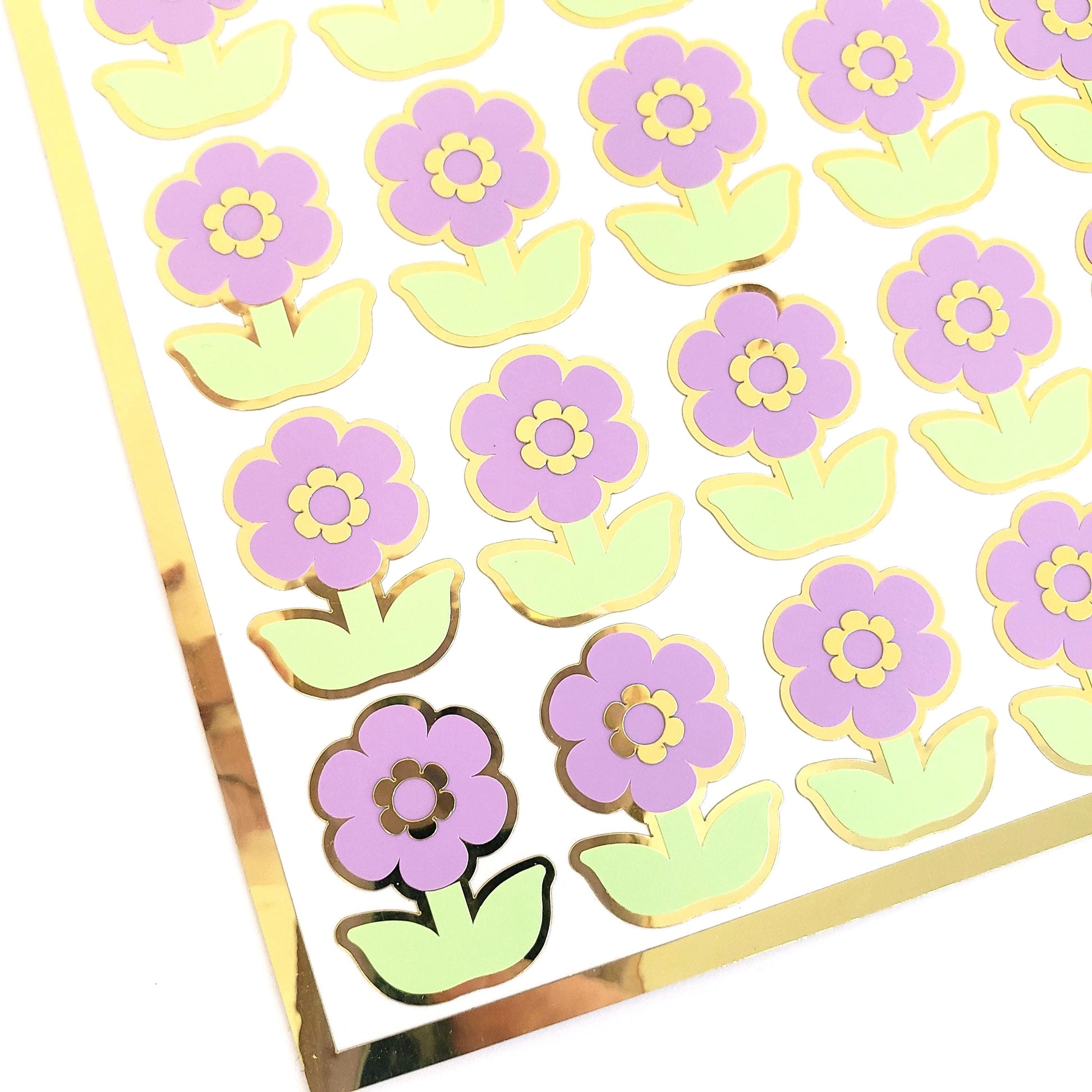 Purple Daisy Stickers, set of 28 small spring pastel flower decals for scrapbook pages, cards, envelopes and journal embellishments.