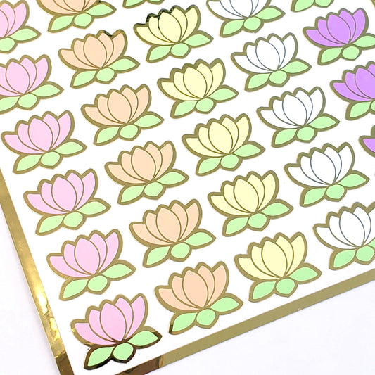 Lotus Flower Stickers, set of 45 small pastel water lily vinyl decals, wedding flower stickers for envelopes, scrapbooks and garden journals