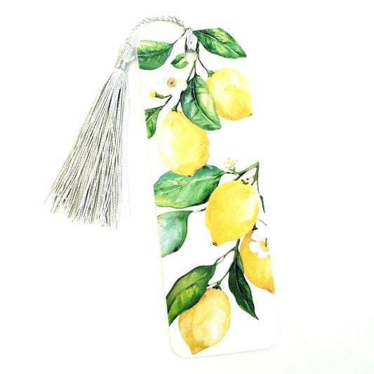 Lemon Bookmark with tassel, botanical fruit design on bookmark.